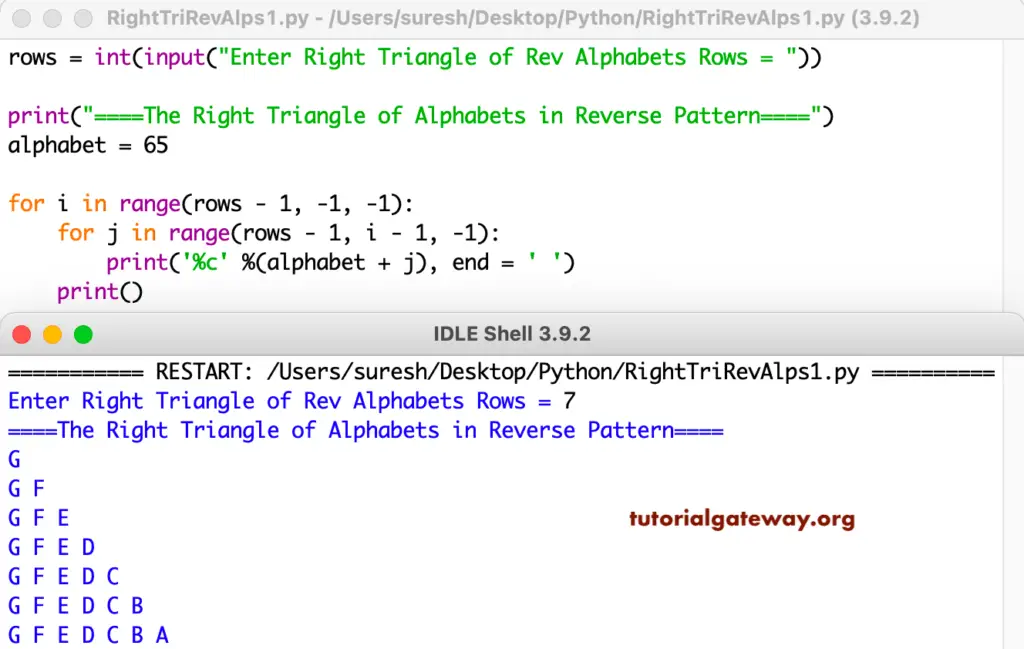 Python Program to Print Right Triangle of Alphabets in Reverse