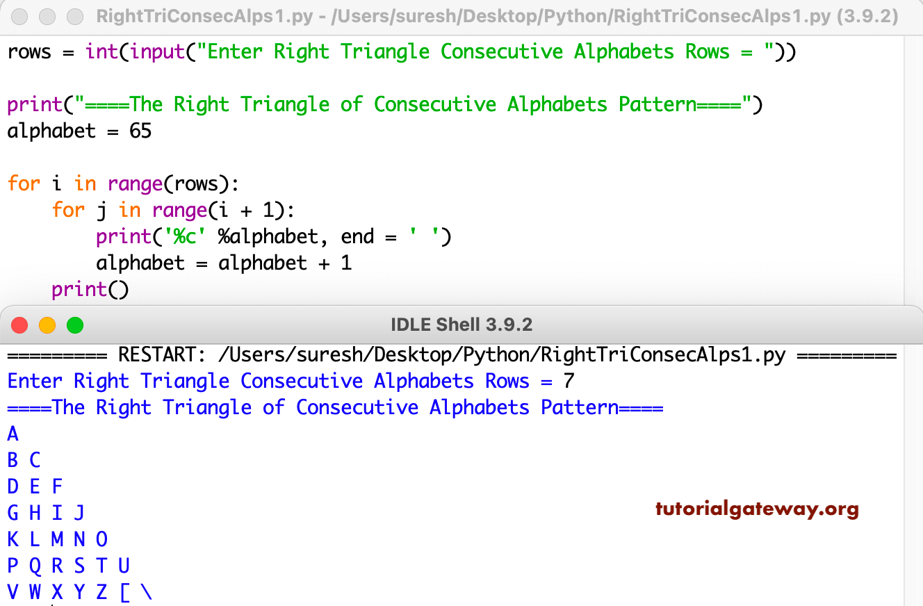 Python Program to Print Right Triangle of Consecutive Alphabets Pattern