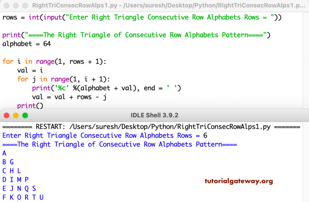 Python Program to Print Right Triangle of Consecutive Row Alphabets Pattern