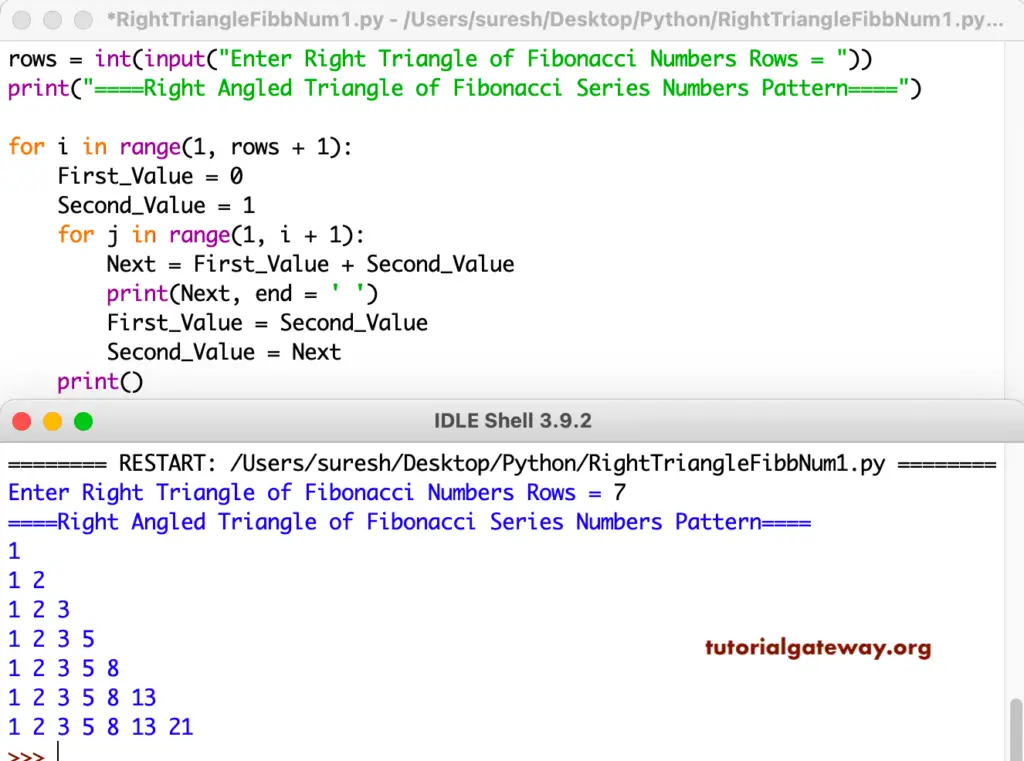 Python Program to Print Right Triangle of Fibonacci Series Numbers Pattern