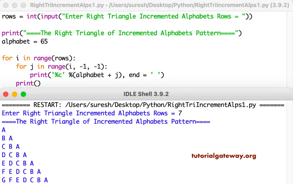 Python Program to Print Right Triangle of Incremental Alphabets Pattern