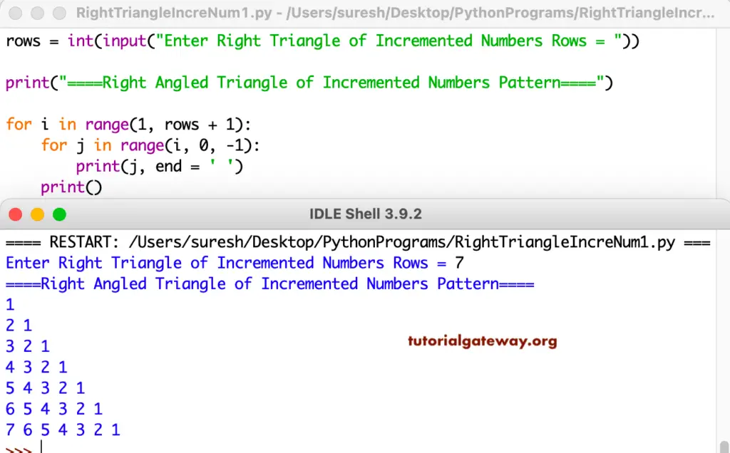 Python Program to Print Right Triangle of Incremented Numbers