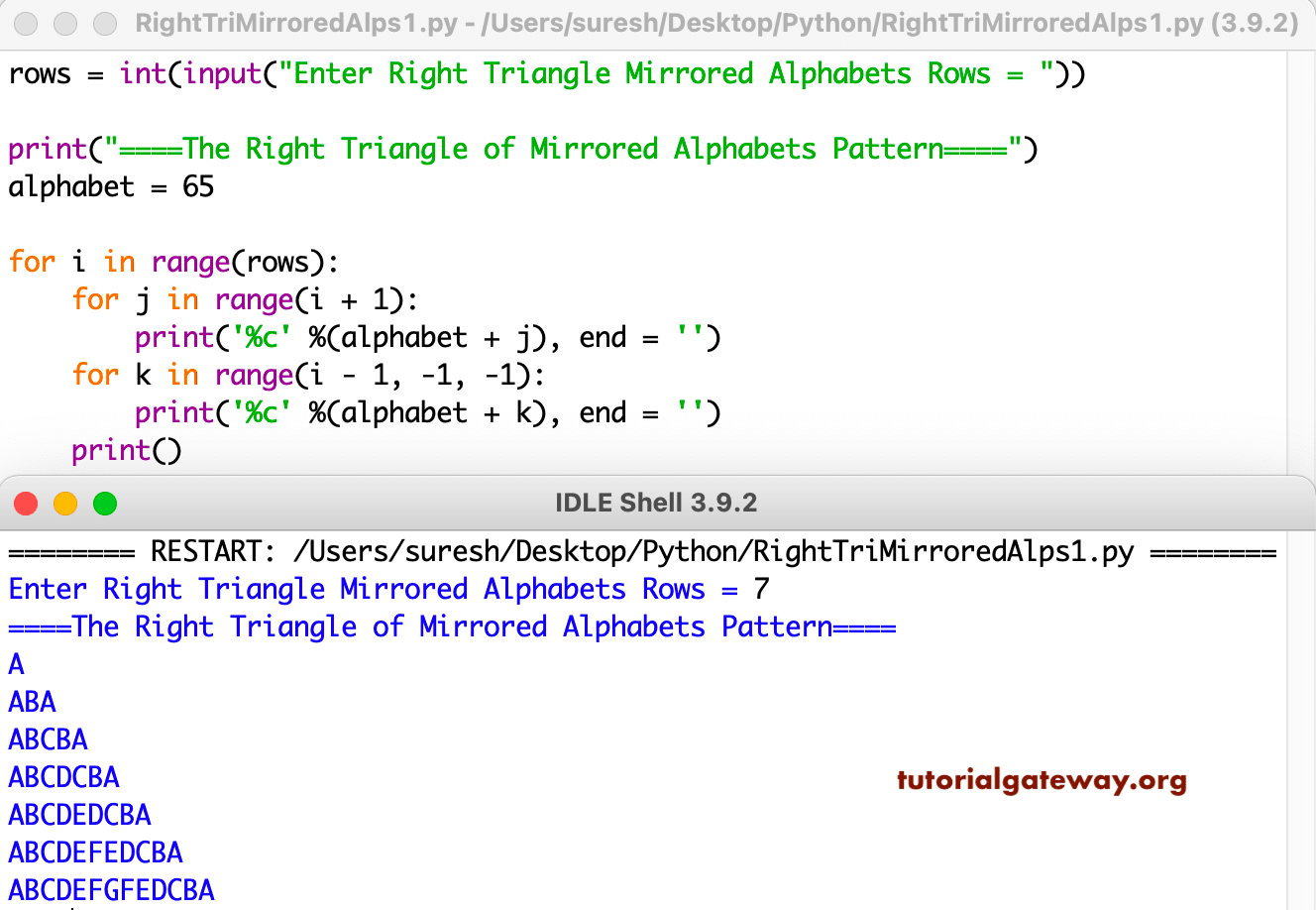 Python Program to Print Right Triangle of Mirrored Alphabets Pattern