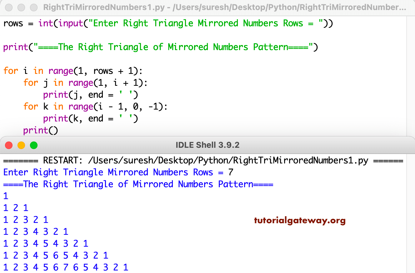 Python Program to Print Right Triangle of Mirrored Numbers Pattern