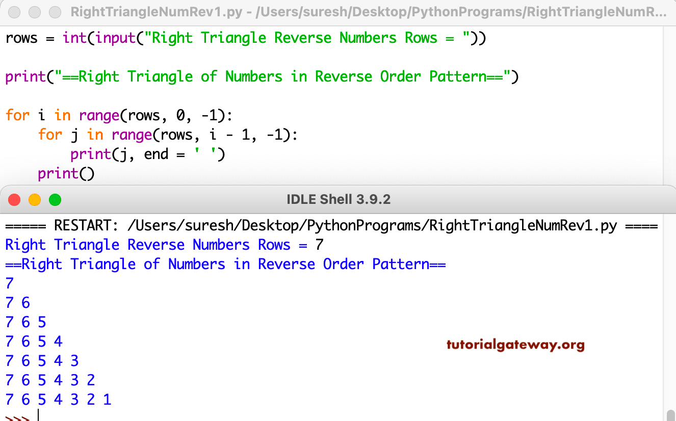Python Program to Print Right Triangle of Numbers in Reverse