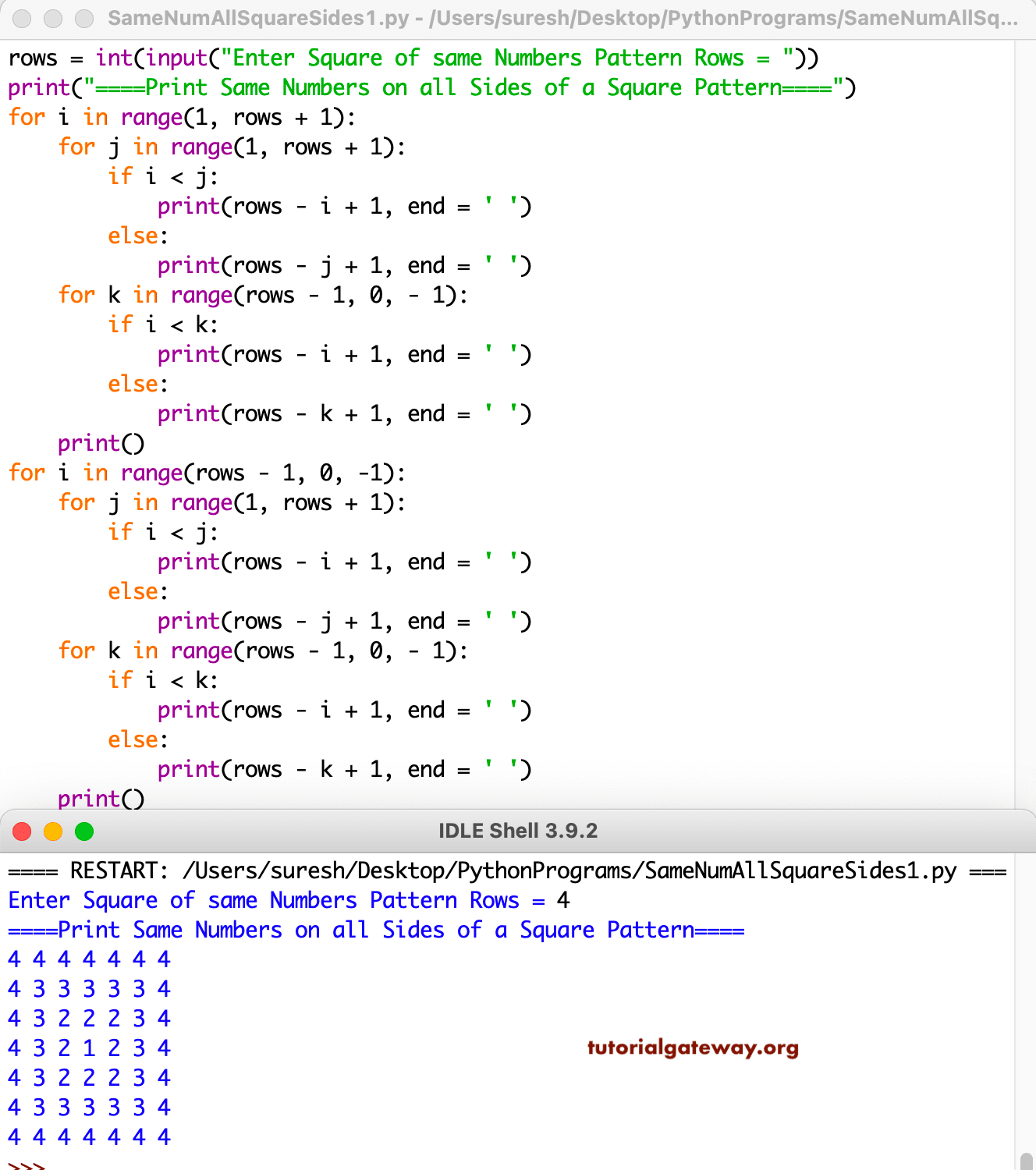 Python Program to Print Same Numbers on all Sides of a Square