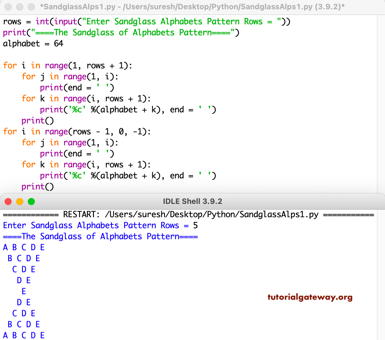 Python Program to Print Sandglass Alphabets Pattern