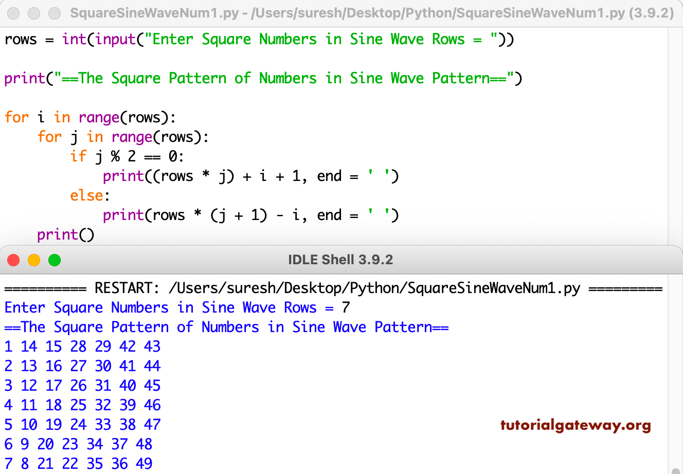 Python Program to Print Square Numbers in Sine Wave Pattern