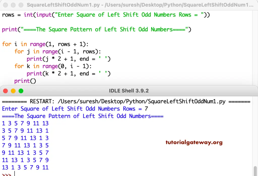 Python Program to Print Square Pattern of Left Rotating Odd Numbers