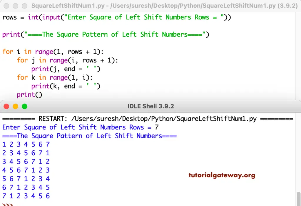 Python Program to Print Square Pattern of Left Shift Numbers