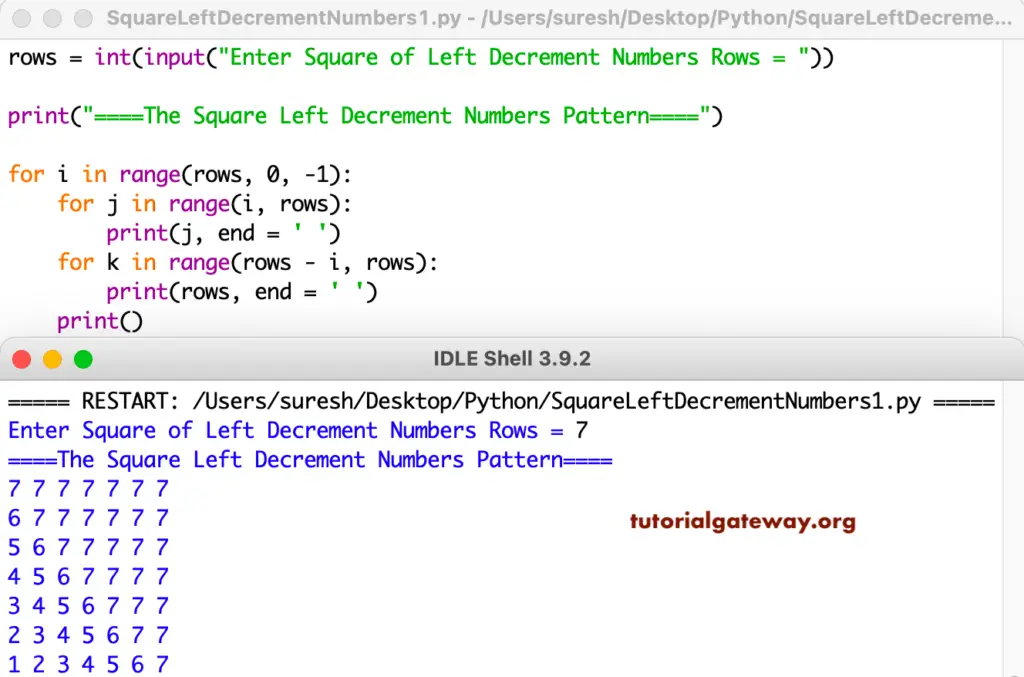 Python Program to Print Square of Left Decrement Numbers Pattern