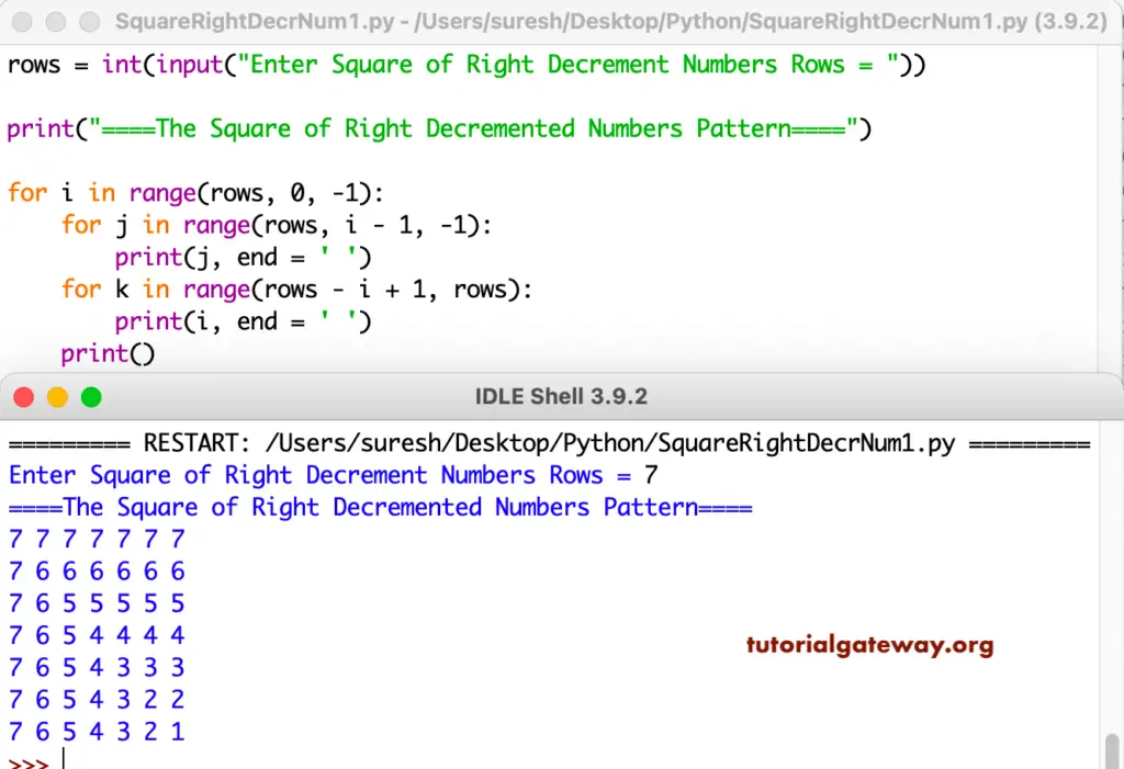 Python Program to Print Square of Right Decrement Numbers Pattern