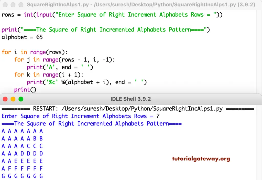 Python Program to Print Square of Right Increment Alphabets Pattern