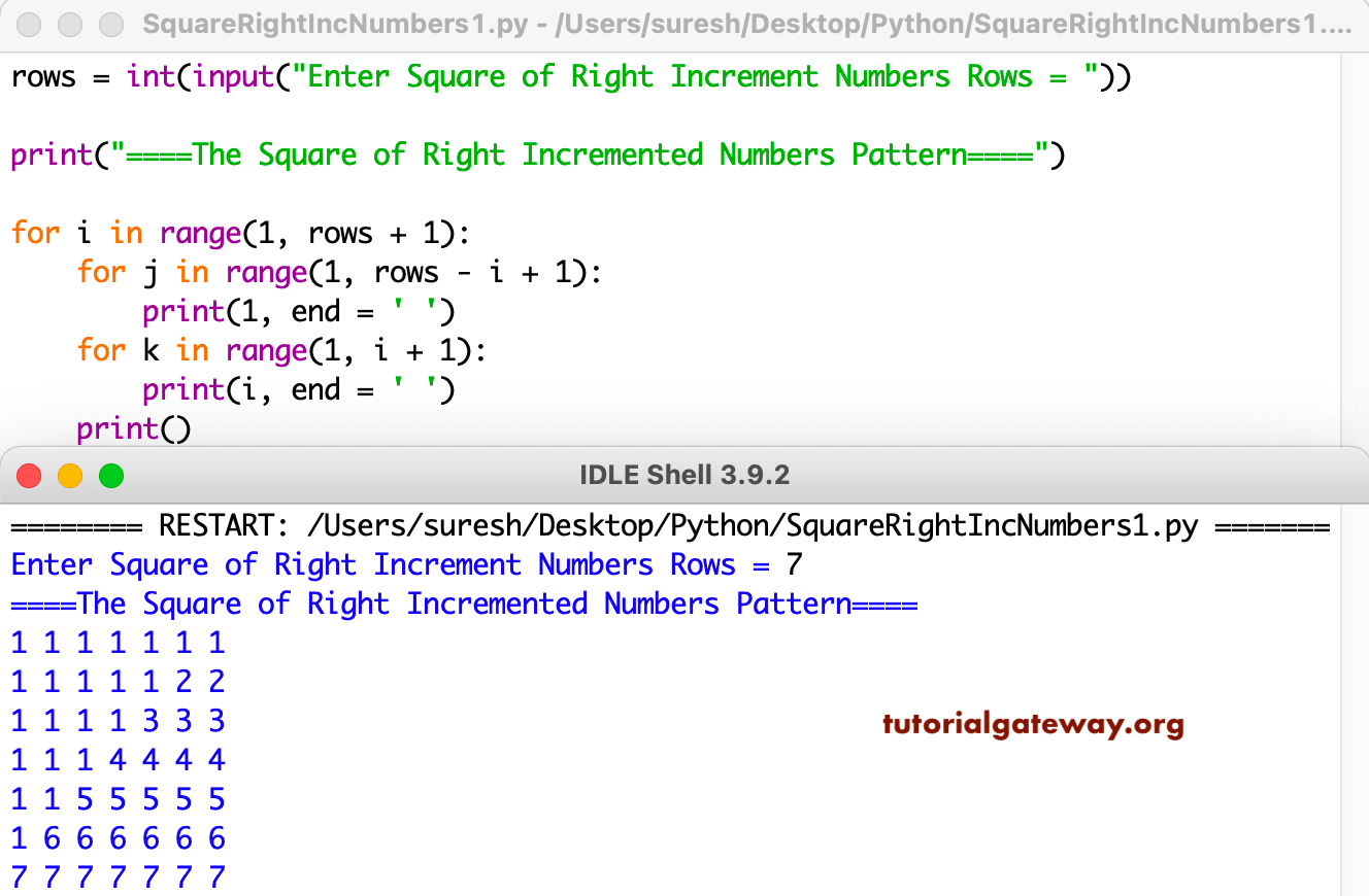 Python Program to Print Square of Right Increment Numbers Pattern
