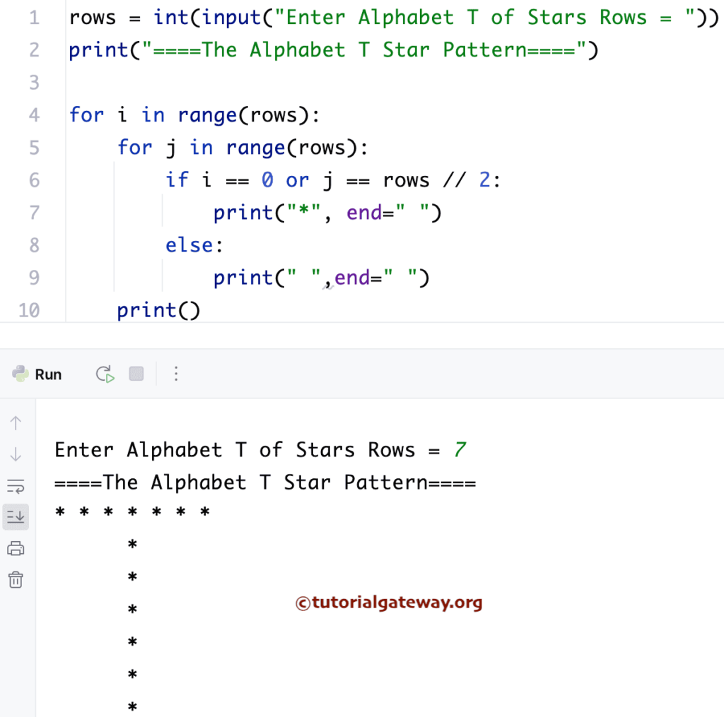 Python Program to Print Alphabetical T Star Pattern