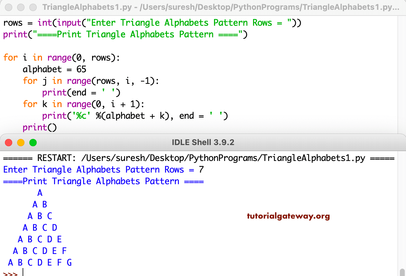 Python Program to Print Triangle Alphabets Pattern