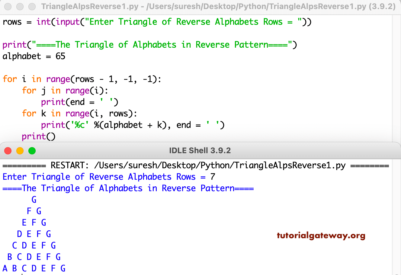 Python Program to Print Triangle of Alphabets in Reverse Pattern