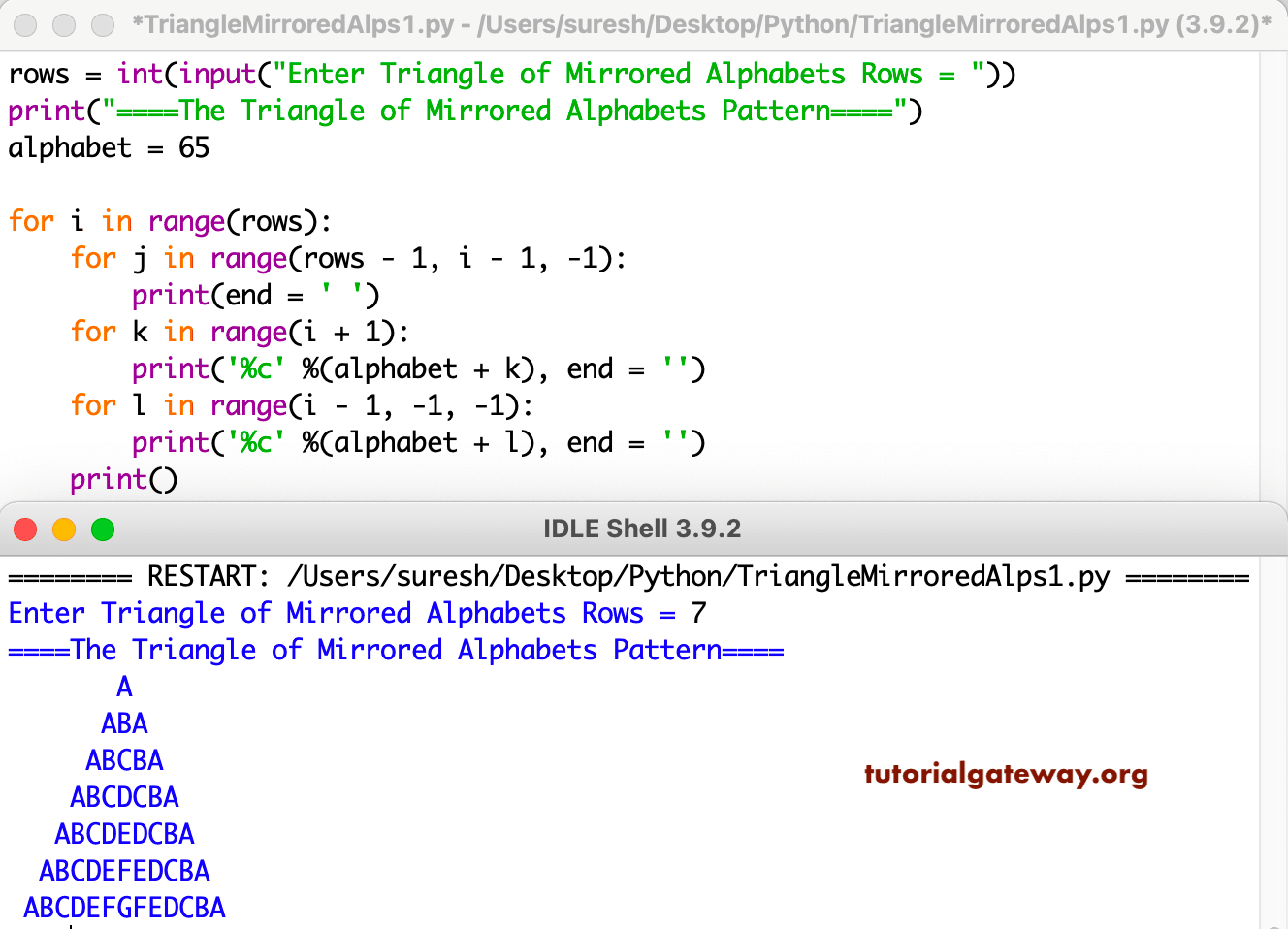 Python Program to Print Triangle of Mirrored Alphabets Pattern