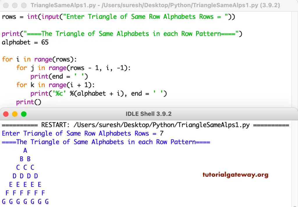 Python Program to Print Triangle of Same Alphabets Pattern