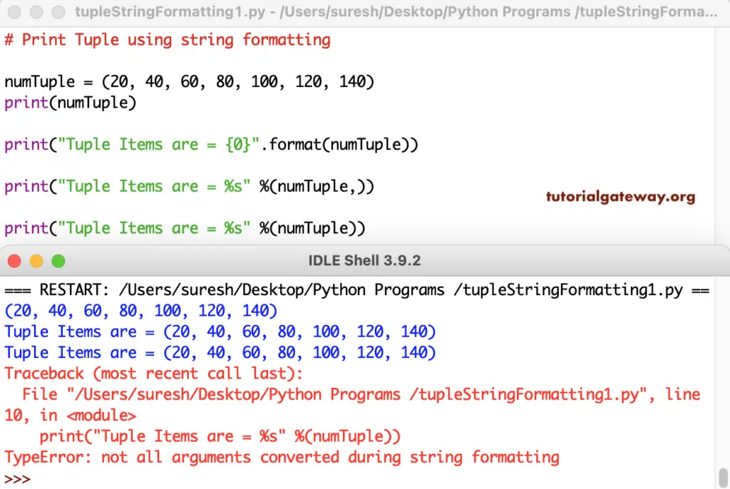 Python Program to Print Tuple using string formatting 1