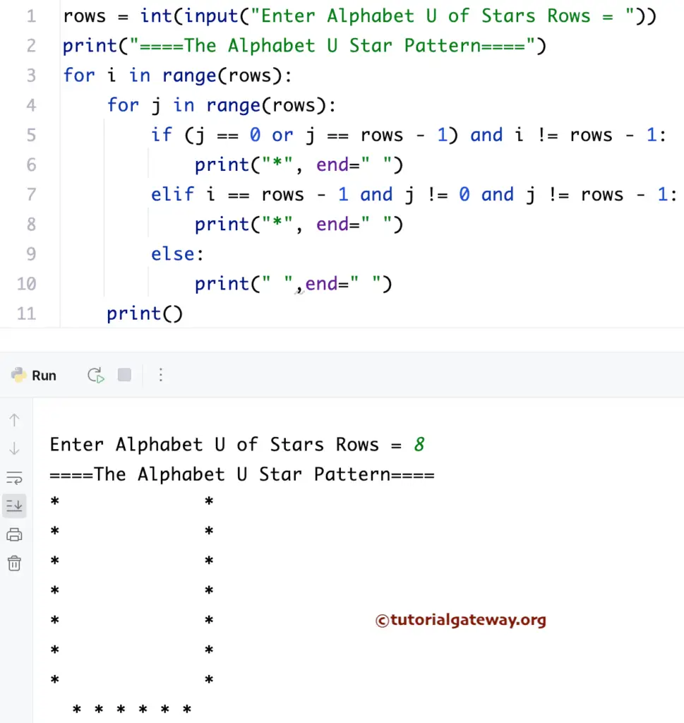 Python Program to Print Alphabetical U Star Pattern
