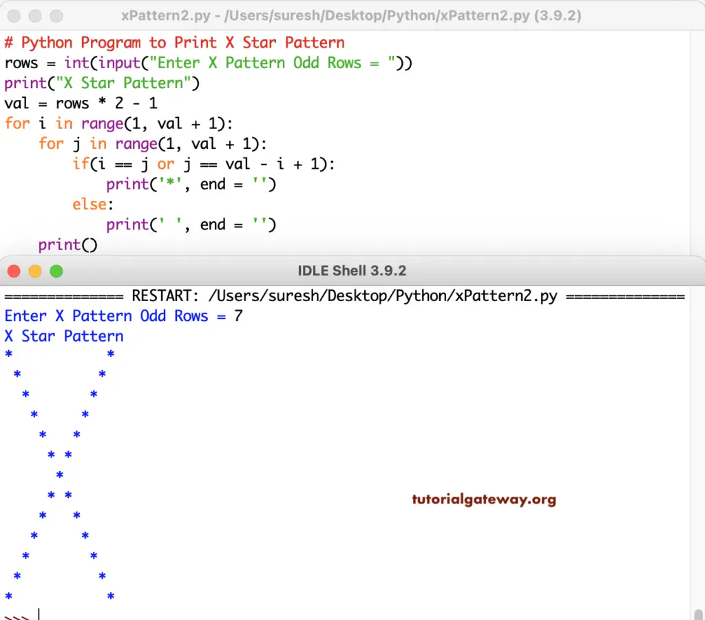 Python Program to Print X Star Pattern 2
