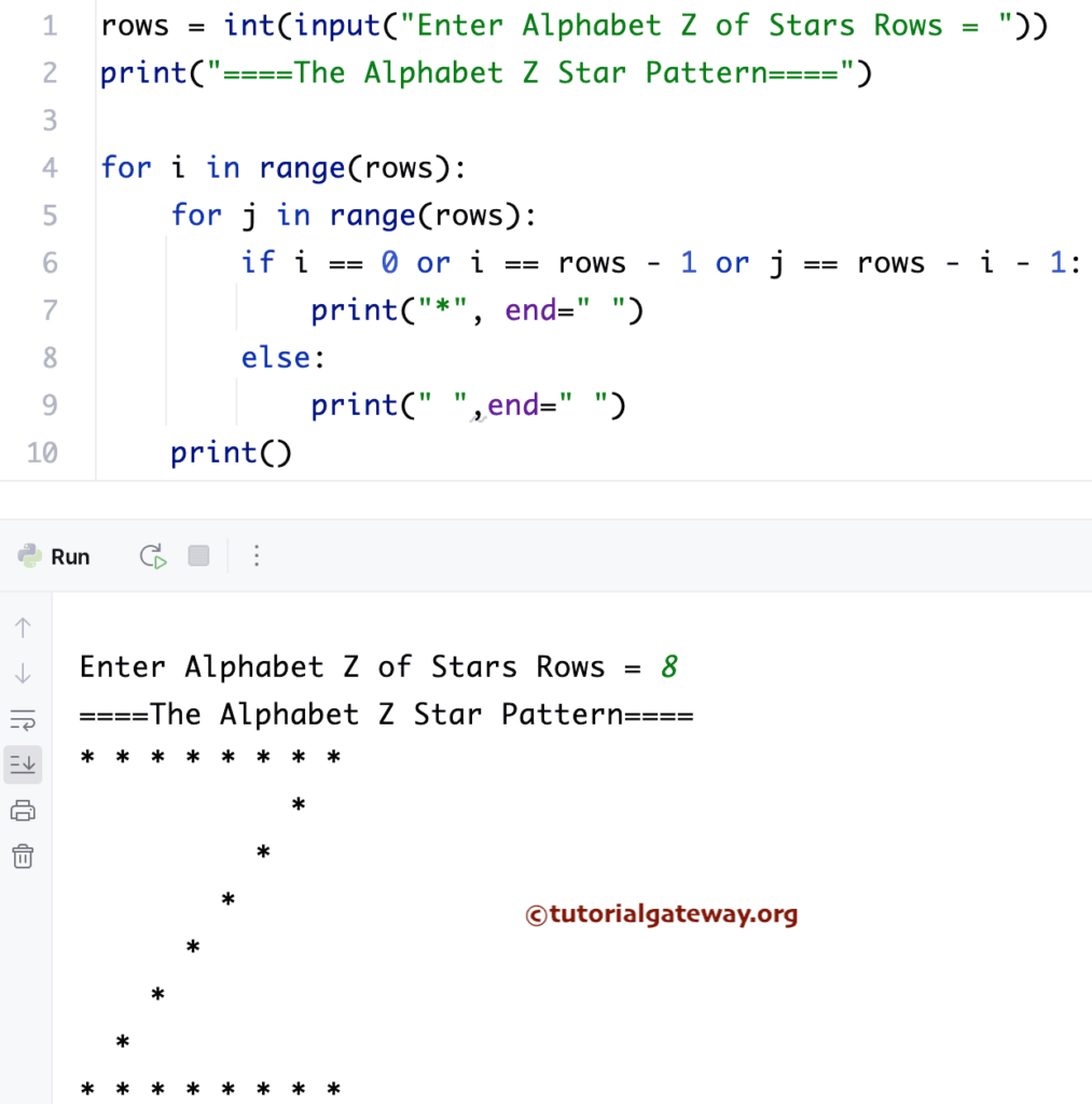 Python Program to Print Alphabetical Z Star Pattern