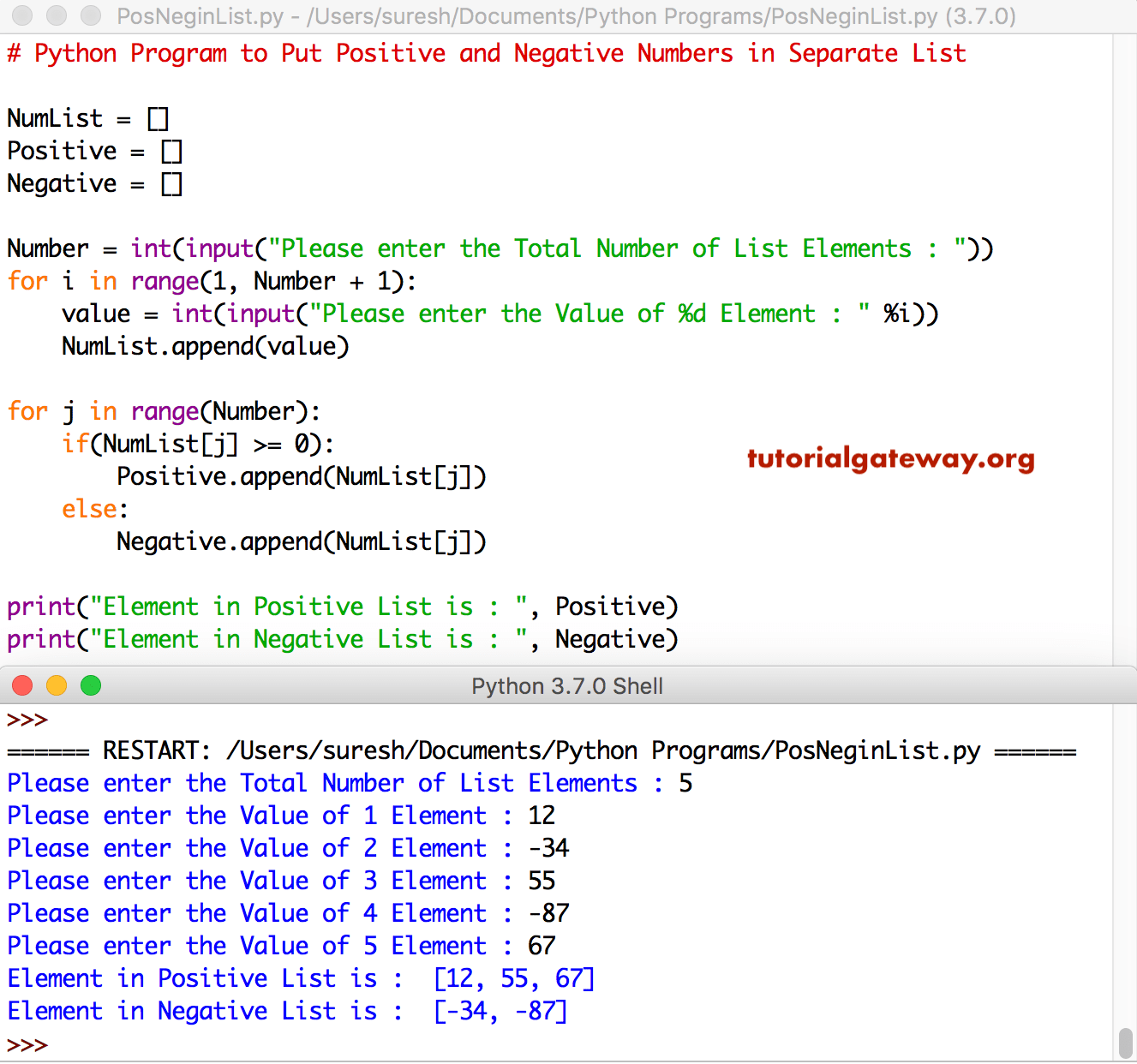 Python Program to Put Positive and Negative Numbers in Separate List 1