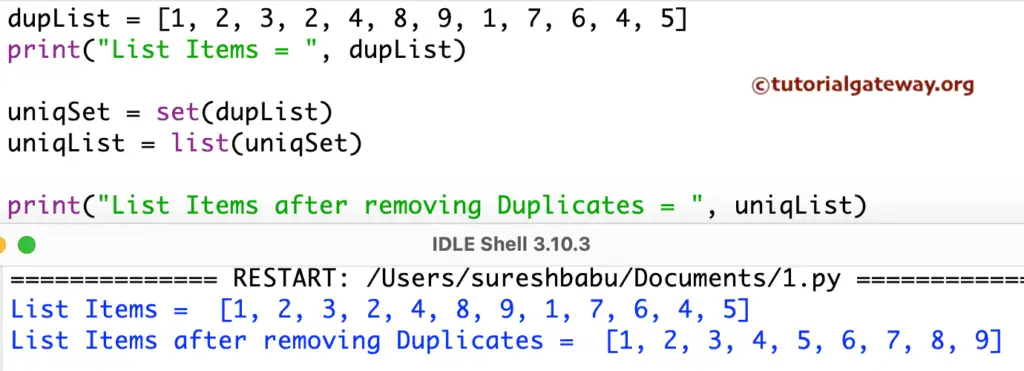 Python Program to Remove Duplicates from List using set() function