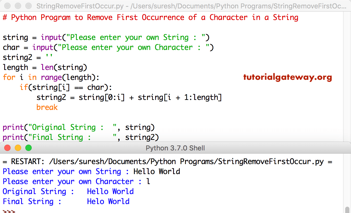 Python Program to Remove First Occurrence of a Character in a String 1