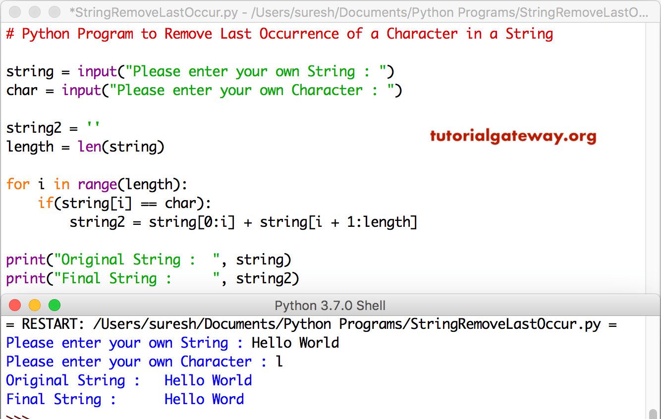 Python Program to Remove Last Occurrence of a Character in a String 1
