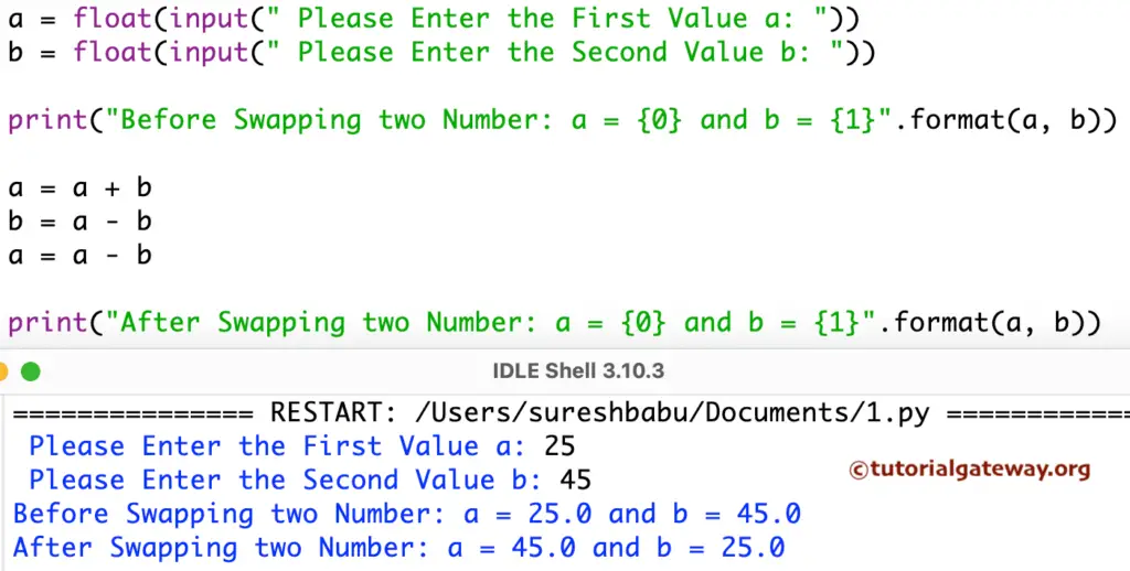 Python Program to Swap Two Numbers using Arithmetic operators