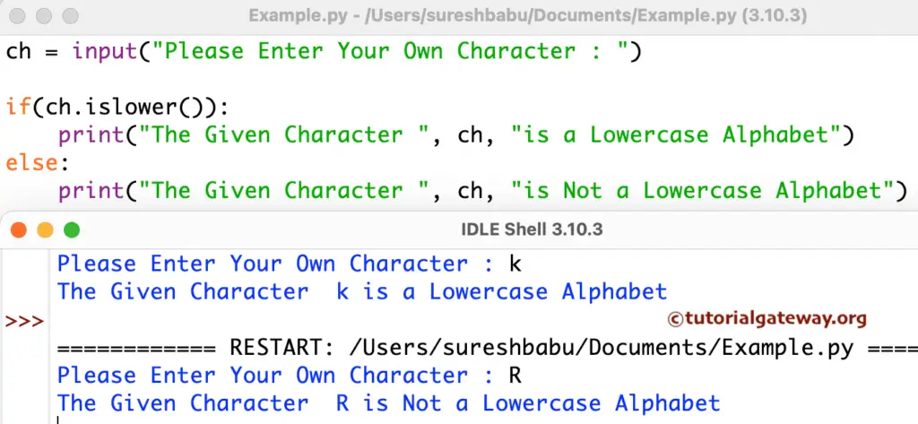 Python Program to check character is Lowercase using islower function