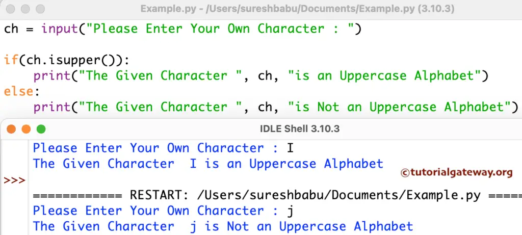 Python Program to check character is Uppercase using isupper function