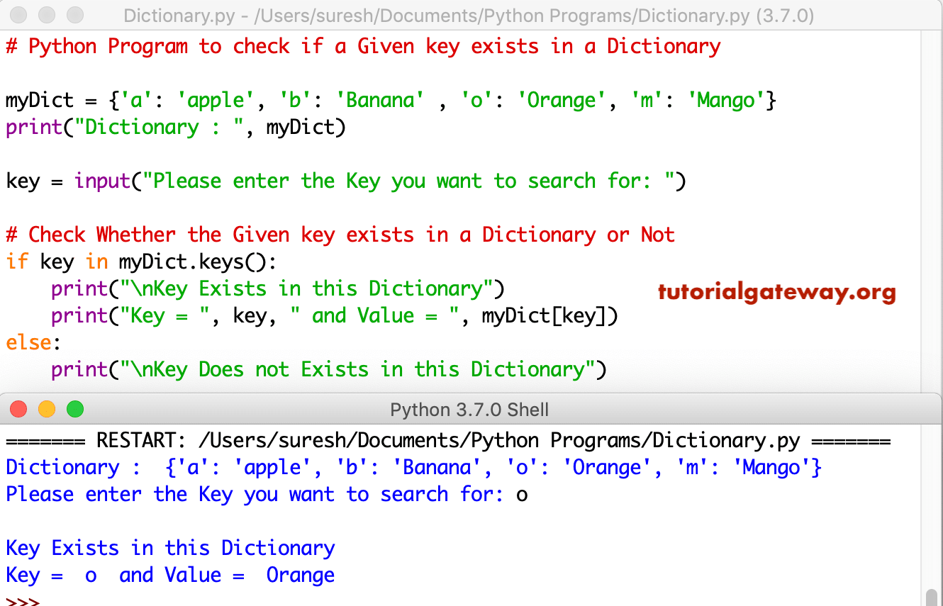 Python Program to check if a Given key exists in a Dictionary 1