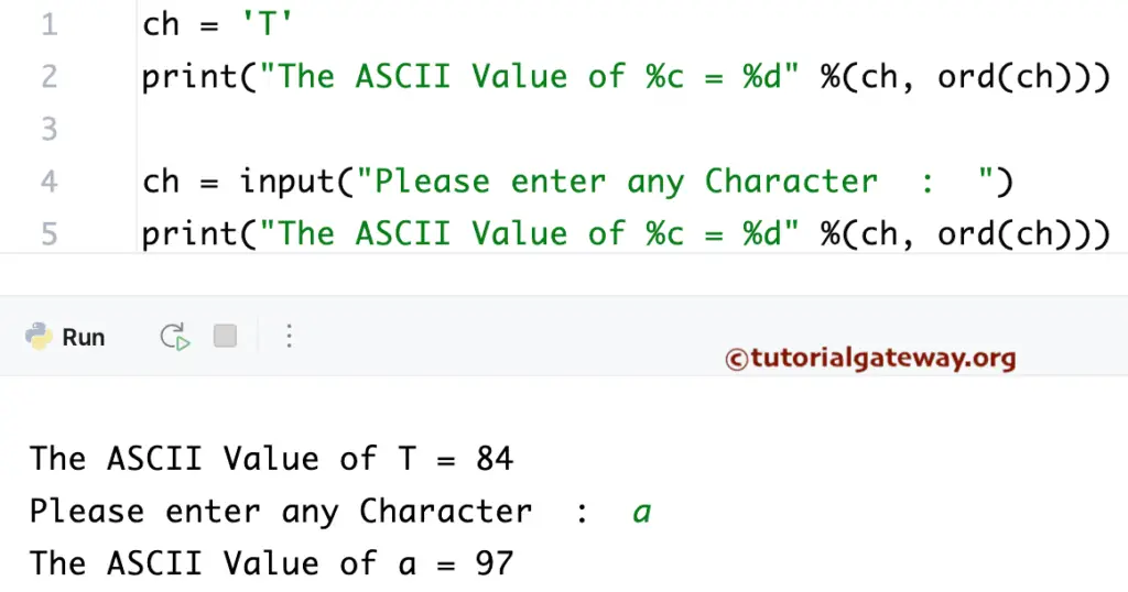 Python Program to find ASCII Value of a Character using ord()