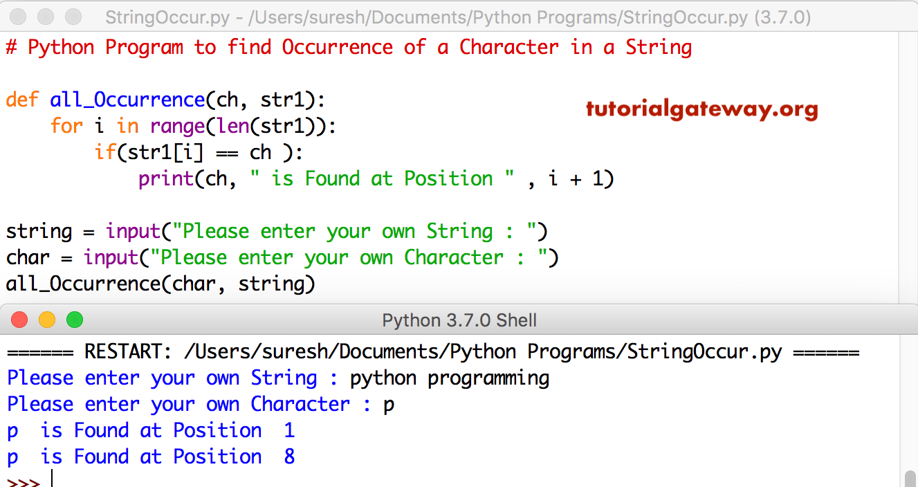 Python Program to find AllOccurrence of a Character in a String 3
