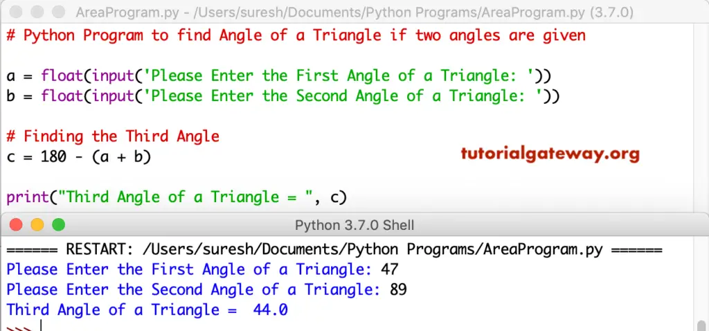 Python Program to find Angle of a Triangle if two angles are given 1