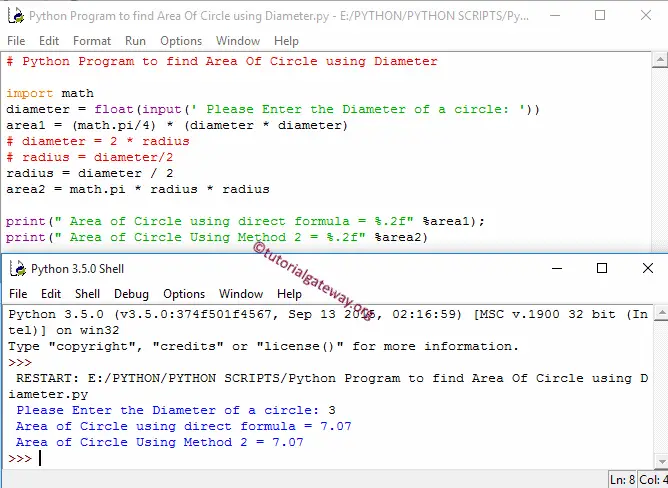 Python Program to find Area Of Circle using Diameter