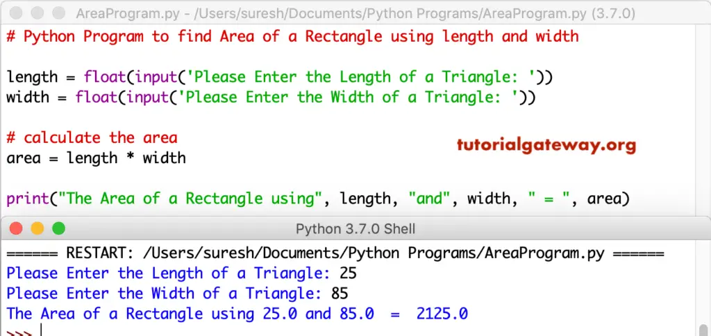 Python Program to find Area of a Rectangle using length and width 1