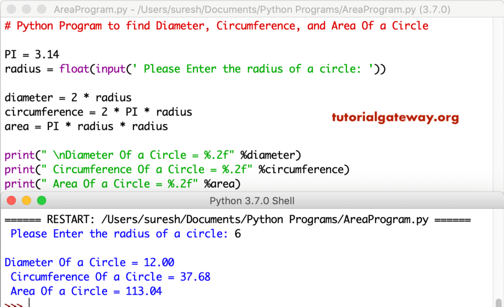 Python Program to find Diameter Circumference and Area Of a Circle 1
