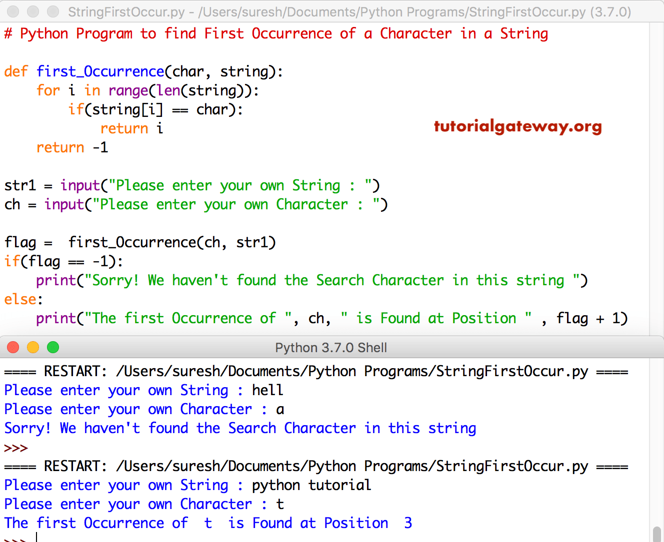 Python Program to find First Occurrence of a Character in a String 3
