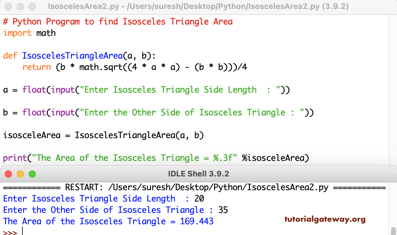 Python Program to find Isosceles Triangle Area 2