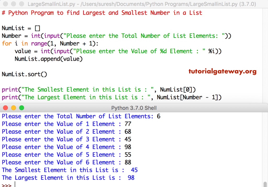 Python Program to find Largest and Smallest Number in a List 2