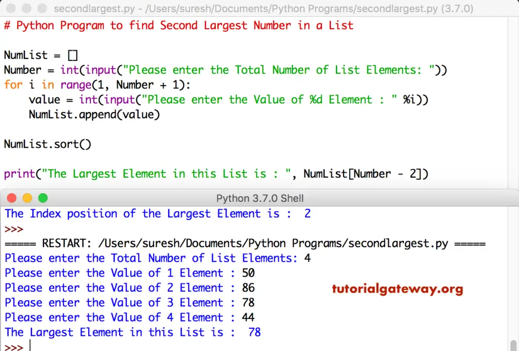 Python Program to find Second Largest Number in a List using sort(). function