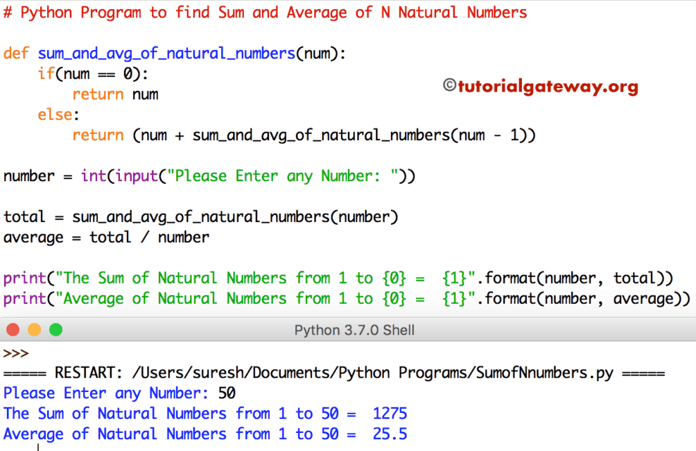 Python program to find sum and average of n natural numbers