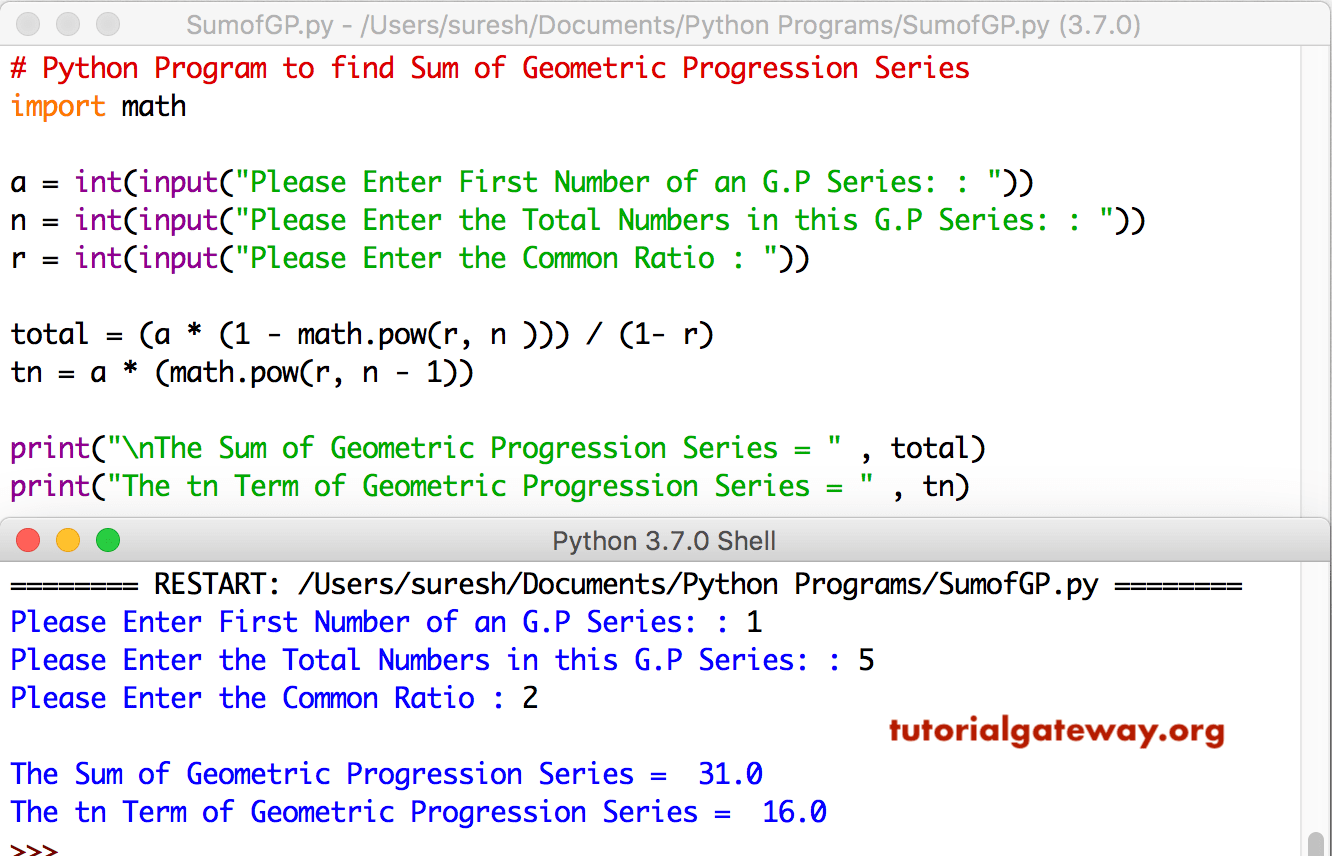 Python Program to find Sum of Geometric Progression Series 1
