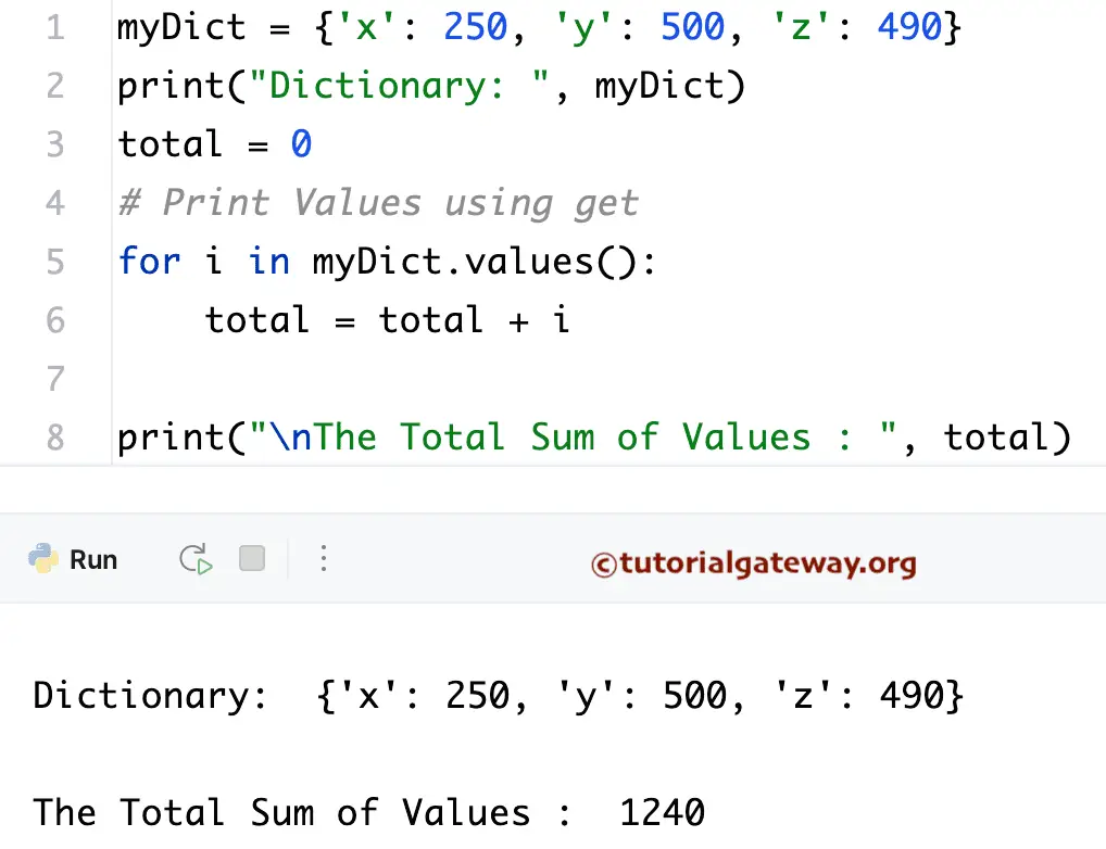 Python Program to find Sum of Items in a Dictionary using values() function
