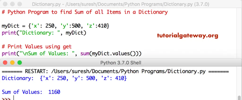 Python Program to find Sum of all Items in a Dictionary 1