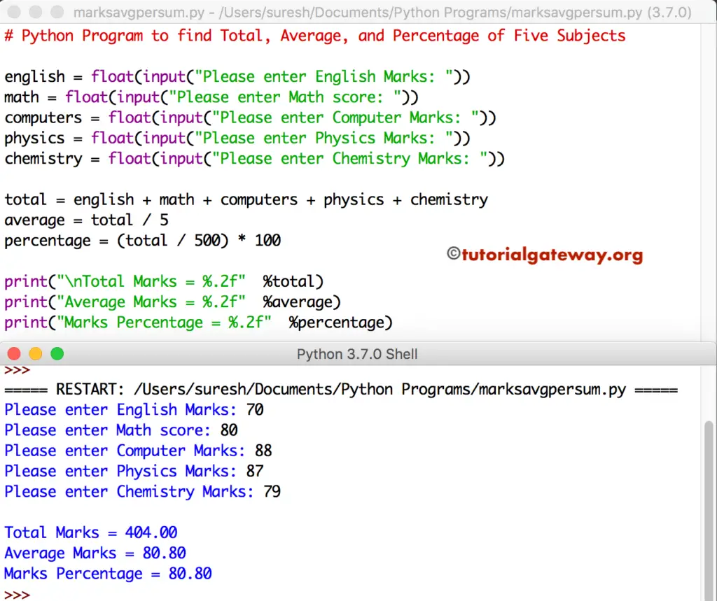 Python Program to find Total Average and Percentage of Five Subjects 1